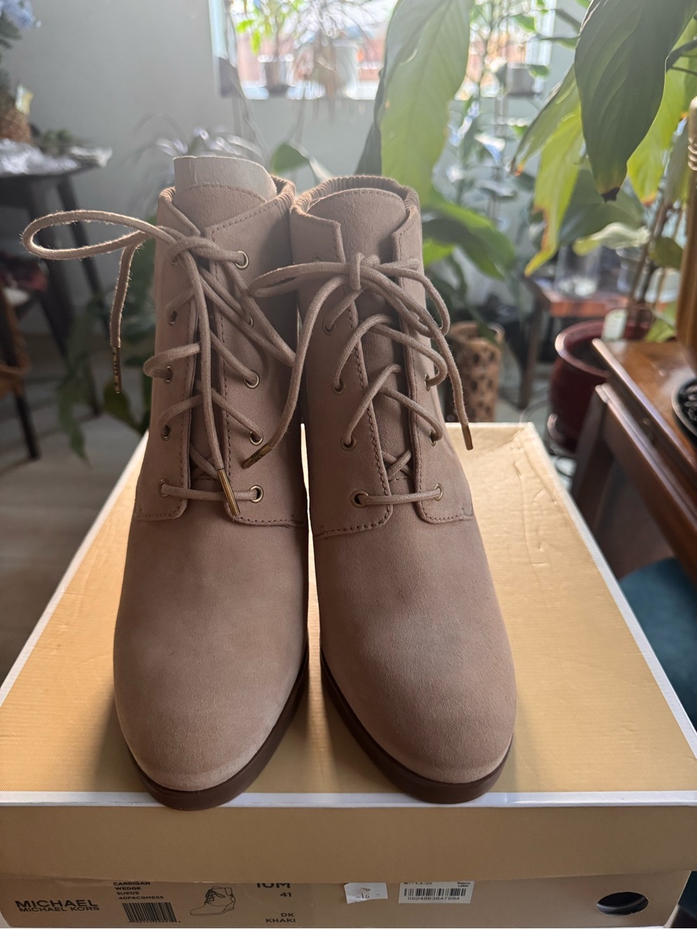 Michael Kors Nude-Taupe Suede Lace-Up Ankle Boots